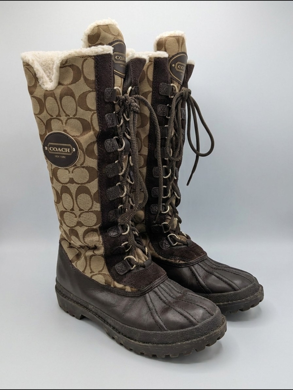 Coach Brown Logo-Print Lace-Up Winter Boots with Shearling Trim
